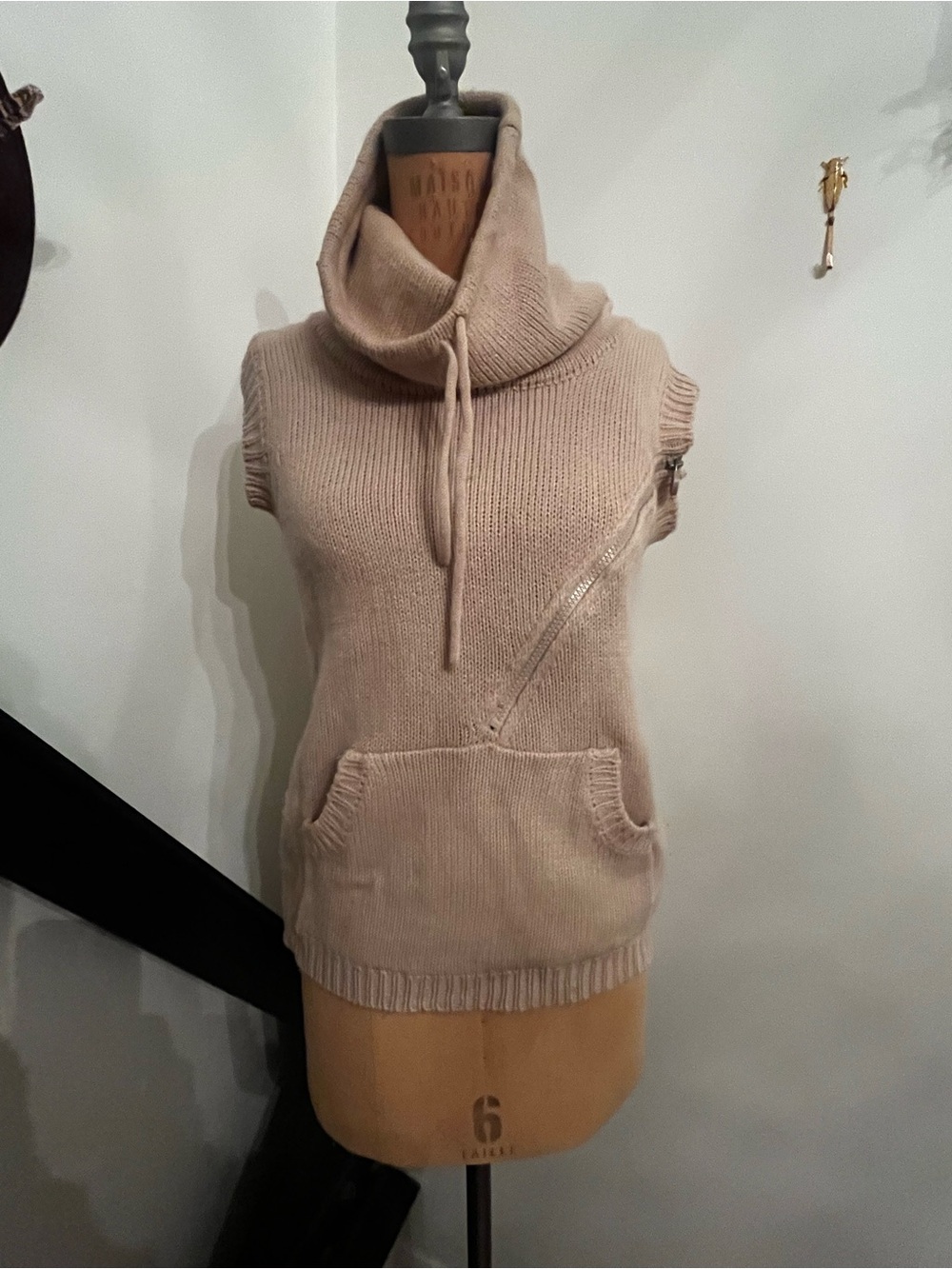 Javier Simorra Sleeveless Cowl Neck Knit Sweater Vest in Beige